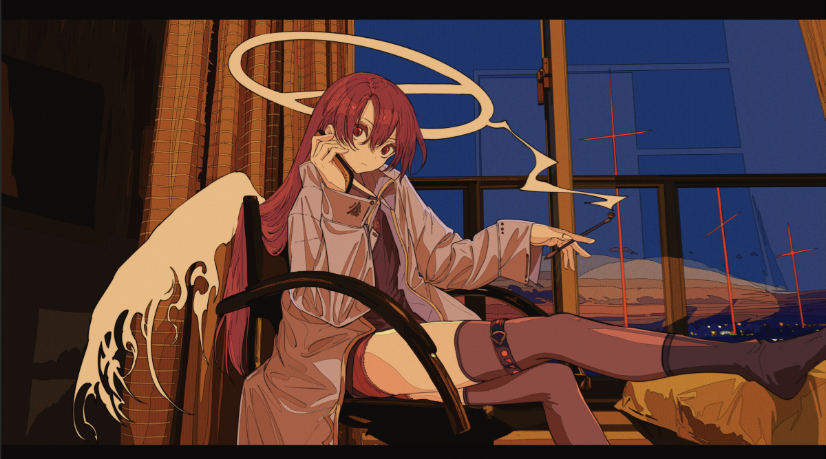 the illustration depicts a stylized anime girl with long, crimson hair and angel wings. she's seated in a wooden armchair, legs crossed, wearing a loose, light purple shirt over what appears to be lingerie.  one hand holds a phone to her ear, while the other delicately holds a lit cigarette. a faint halo is present above her head, creating a contrasting ethereal and rebellious vibe.  the setting is a room with a large window overlooking a nighttime cityscape at sunset with tall, thin structures in the distance, giving the piece a nostalgic or retro feel.  the art style is distinct, using strong outlines, flat colors, and a color palette that evokes a sense of urban coolness and subtle melancholy. the overall mood is relaxed yet intriguing.