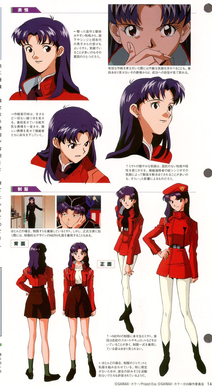 this image is a character design page from the "neon genesis evangelion" anime. it's showing various characters and outfits. there are four main characters in the image: rei, asuka, misato and a character wearing a similar outfit to rei. the character design page includes a description of the characters' personalities and their style, as well as a visual representation of each character in different poses and clothing.