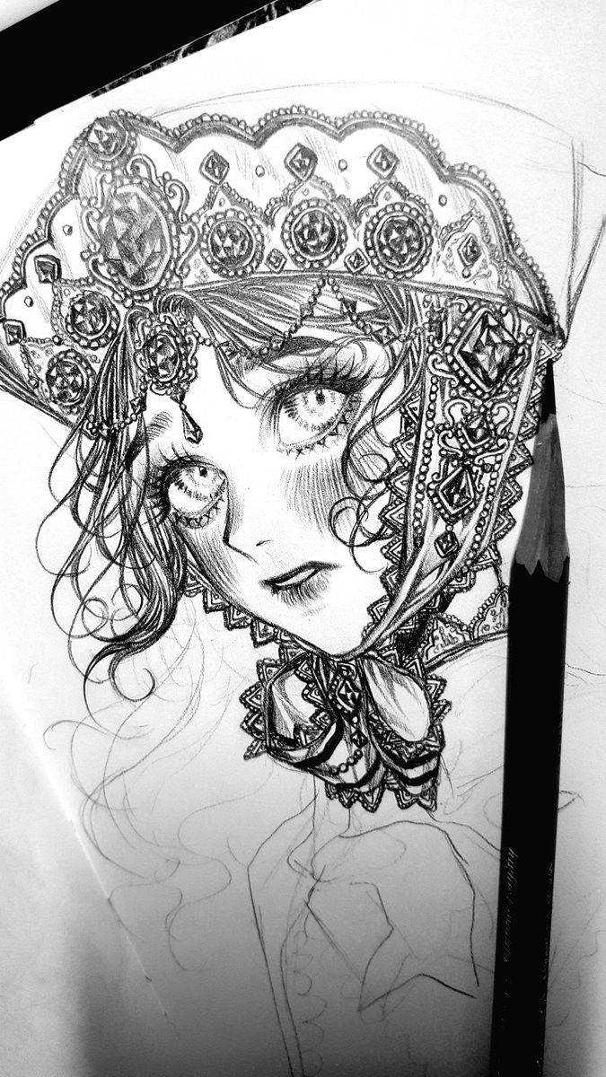 he image shows a detailed pencil sketch of a girl or young woman wearing an elaborate, ornate headpiece resembling a crown. the headwear is heavily decorated with intricate patterns and what appears to be jewels. the girl's face is visible, showcasing large eyes and a delicate facial structure. the style is reminiscent of dark fantasy or gothic fashion, with a focus on ornate detail and shading to create depth and texture in the drawing.  a pencil is visible next to the drawing, suggesting it's a work in progress. the background is a plain sheet of paper.