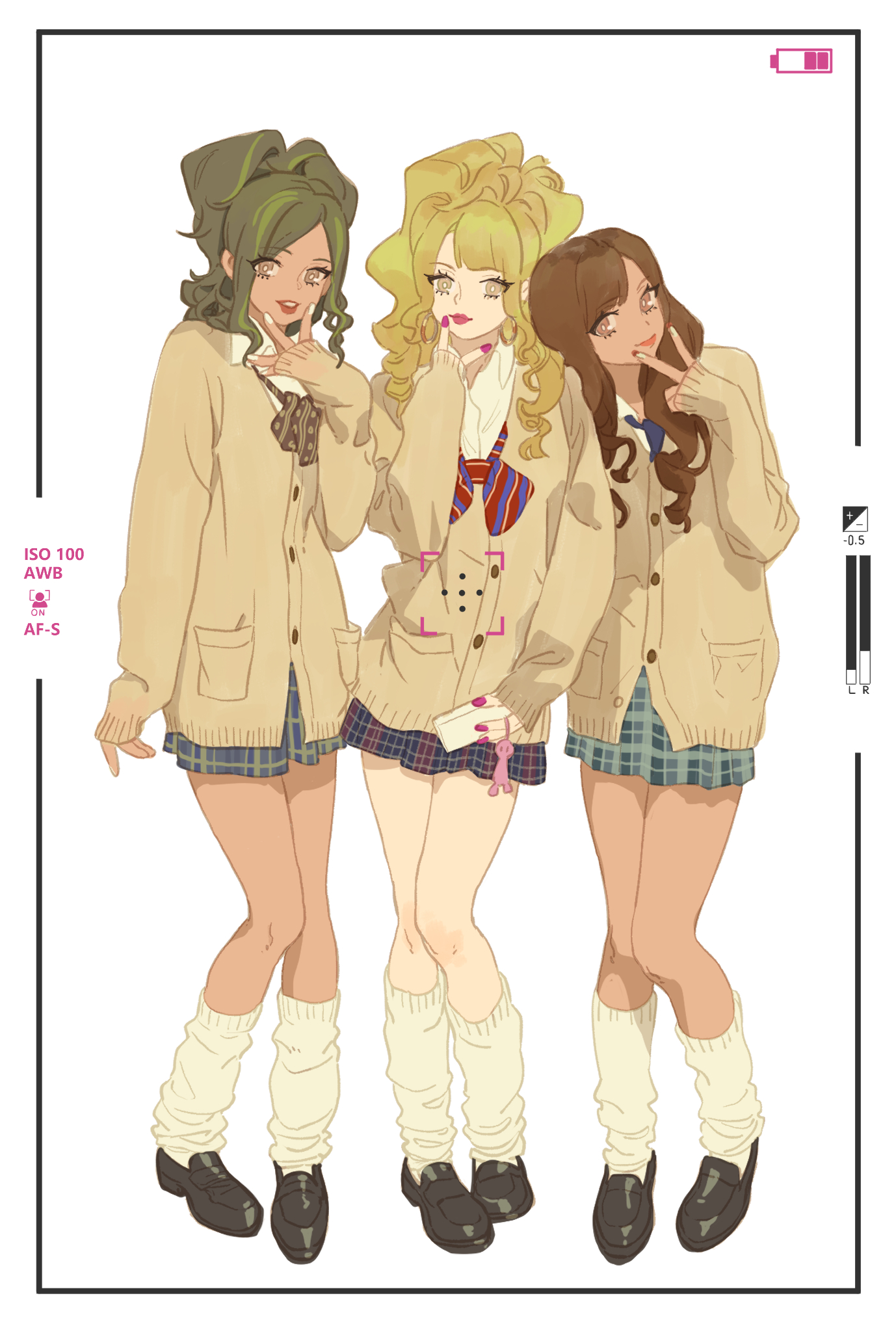 three anime girls are standing in front of a white background. they are smiling and all wearing school uniform. they are all looking at the camera. the girl in the middle has blonde hair and is wearing a yellow sweater. the girl on the left has green hair and is wearing a brown sweater. the girl on the right has brown hair and is wearing a light brown sweater.
