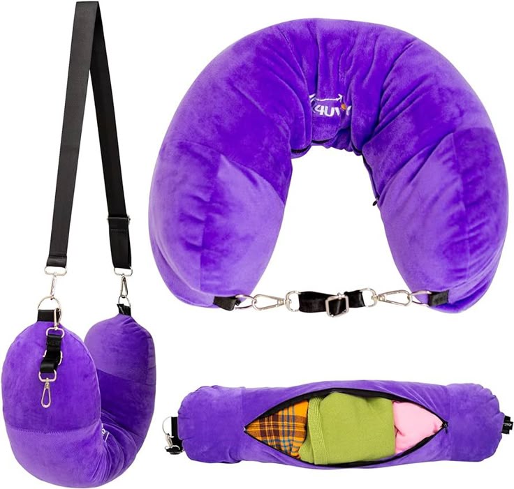 the image shows a purple travel pillow with multiple features. in the top right corner, the pillow is displayed in its traditional horseshoe shape, featuring an adjustable strap with metal clips. to the left, the pillow is shown attached to a black shoulder strap, allowing it to be carried like a bag. at the bottom, the pillow is zipped open, revealing colorful clothing inside. the pillow is made of a soft velvet material and has memory foam filling.