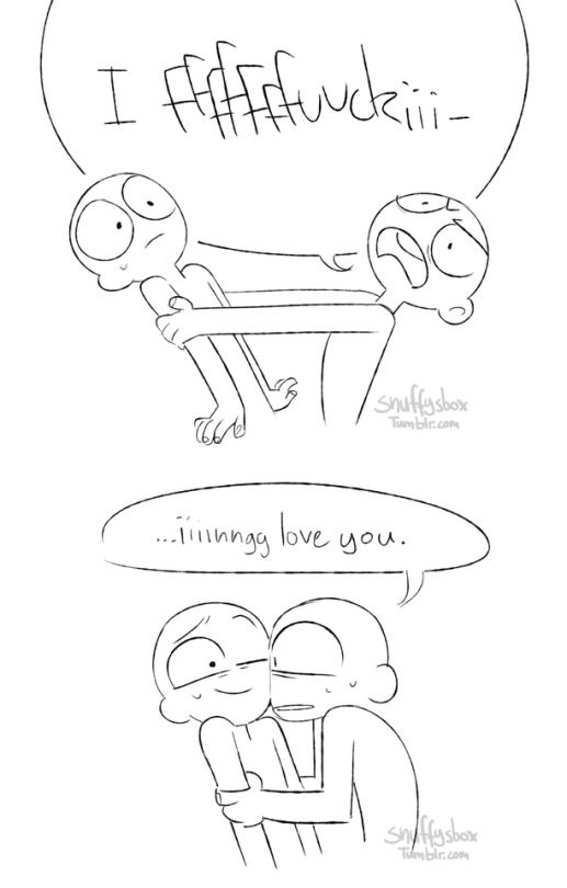 this is a twopanel drawing template. the first panel shows a character holding onto another character, while the second panel shows both characters hugging each other and the character who was being held onto is now the one hugging the other character. both characters are in the same position in both panels, and it appears to depict a scene where one character is being held hostage and is begging the other character to “love” them, even though the character’s heart isn’t in it. it looks like a cartoon or comic illustration.
