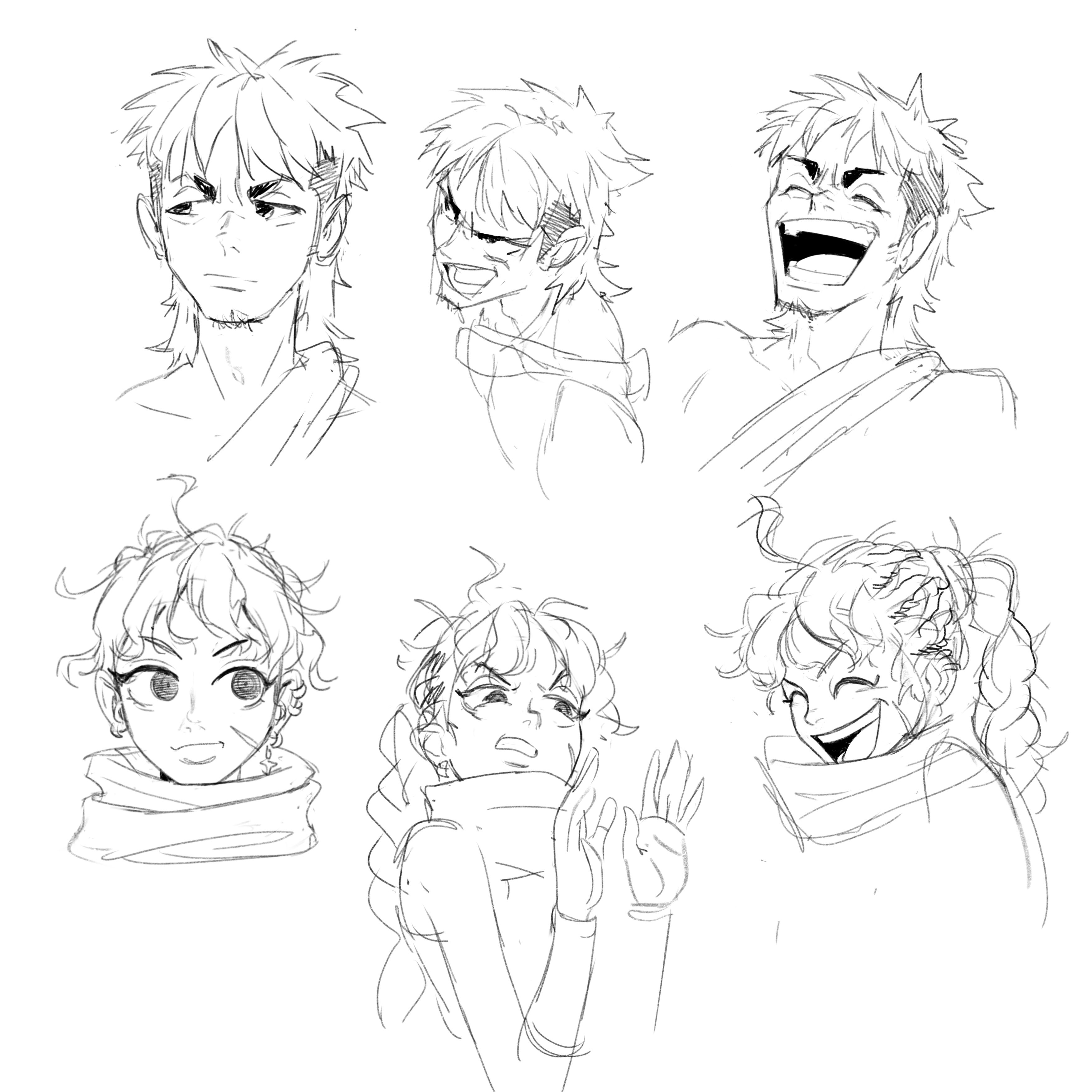 he image contains six pencil sketches of anime or mangastyle character heads and upper torsos.  the sketches showcase a range of expressions. there are three male characters and three female characters. the males have varying hairstyles – one with long, sideswept hair, one with shorter, more spiky hair, and one with short, textured hair. the females each have curly hair, and are wearing scarves or similar neck coverings.  the characters' expressions range from serious and pensive to joyful and surprised, demonstrating a variety of emotional states. the style is loose and expressive, characteristic of quick concept sketches.