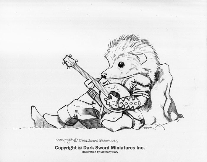 a black and white sketch depicts a hedgehog dressed in fantasystyle clothing, seated and playing a lute. the hedgehog has a pointed snout, small eyes, and a spiky back. it wears a tunic or shirt, and its hands appear to be strumming the instrument. a cloak or cape is draped behind it. at the bottom of the image, there is copyright information indicating "dark sword miniatures inc." and the illustration is credited to "anthony hary."