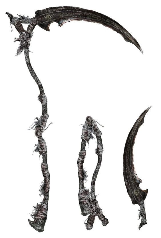 the image shows three different views of a scythe, a weapon traditionally associated with the grim reaper. the scythe is highly detailed and features intricate carvings and a long, curved blade. the handle is wrapped in what appears to be cloth or leather.
