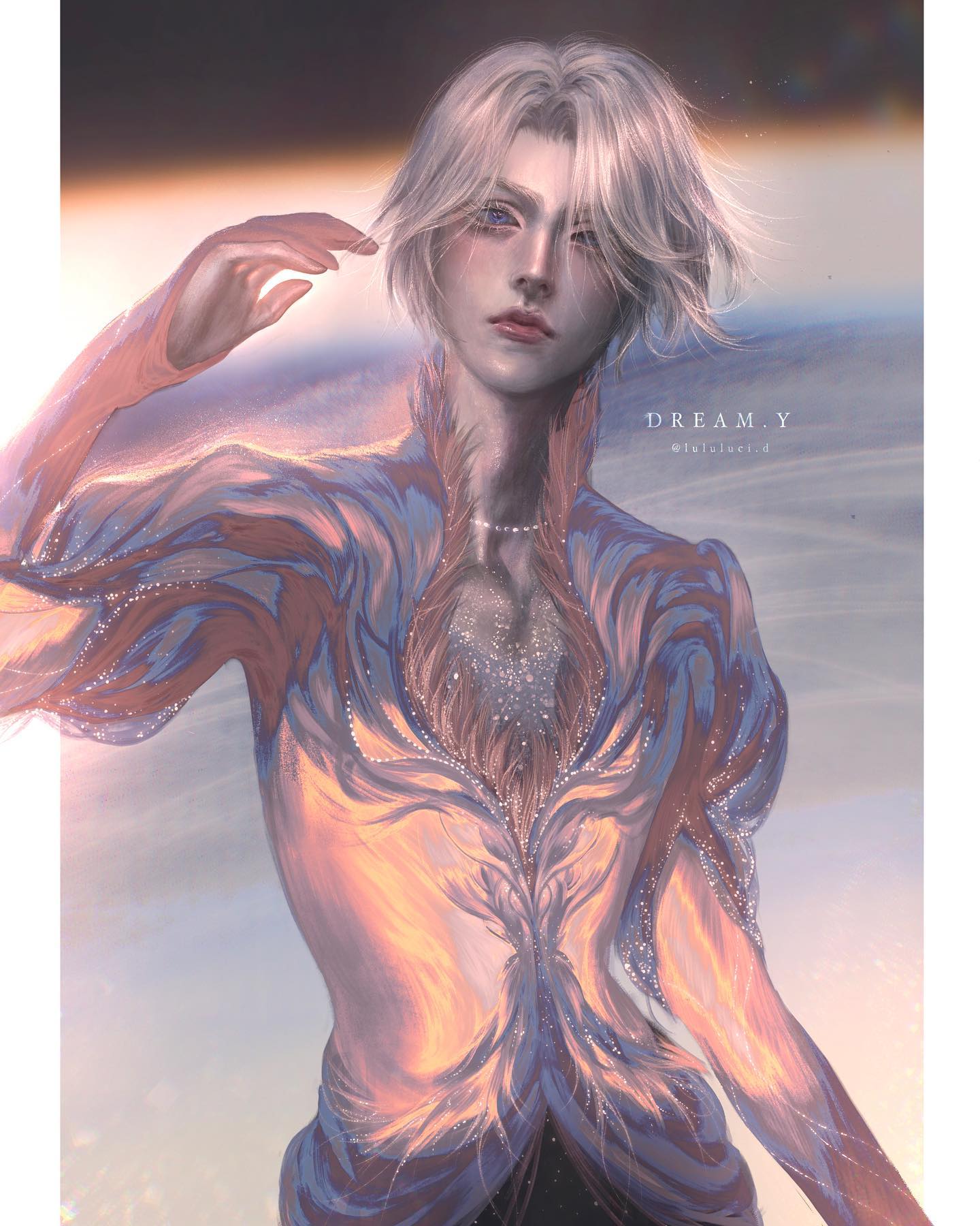 an illustration of a man with white hair wearing a sparkly, light blue and pink costume, standing in a dreamy, ethereal setting with a glittery, swirling galaxy backdrop. the image is rendered in a soft, dreamy style, with a focus on light and sparkle.