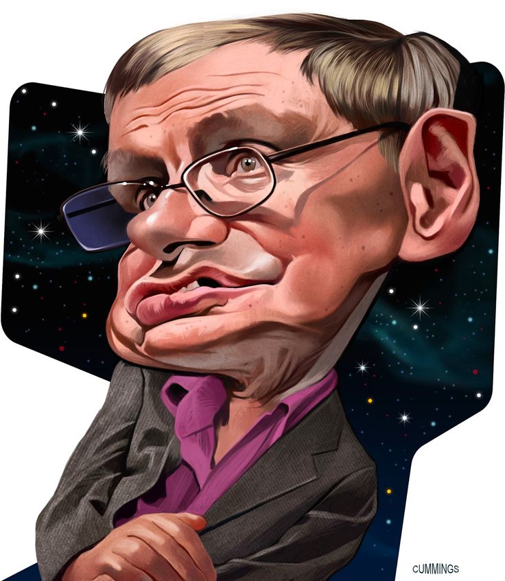 a caricature of stephen hawking wearing glasses and a pink shirt under a grey suit, against a dark galaxy background with stars. the artist's signature "cummings" is visible in the bottom right corner.