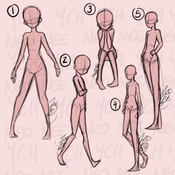 the image contains six different anime poses, drawn as simple outlines. each pose is numbered and can be used as a reference for drawing characters.  the poses include a character walking, standing with their hands on their hips, sitting with their legs crossed, and more.