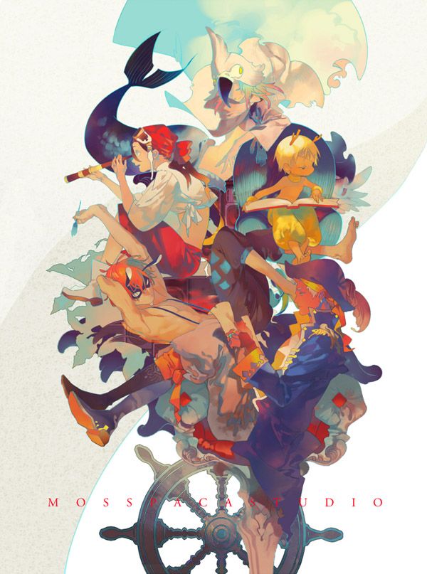 the image is an artistic illustration featuring a group of pirates atop a ship's wheel. a woman with a red headscarf is peering through a spyglass, while a person with a sea creature mask stands behind her. below, a child reads a book and other figures are scattered in various poses. the overall style is whimsical and fantastical, with a focus on sea and sailing themes. the words "mossacastudio" are written near the bottom.