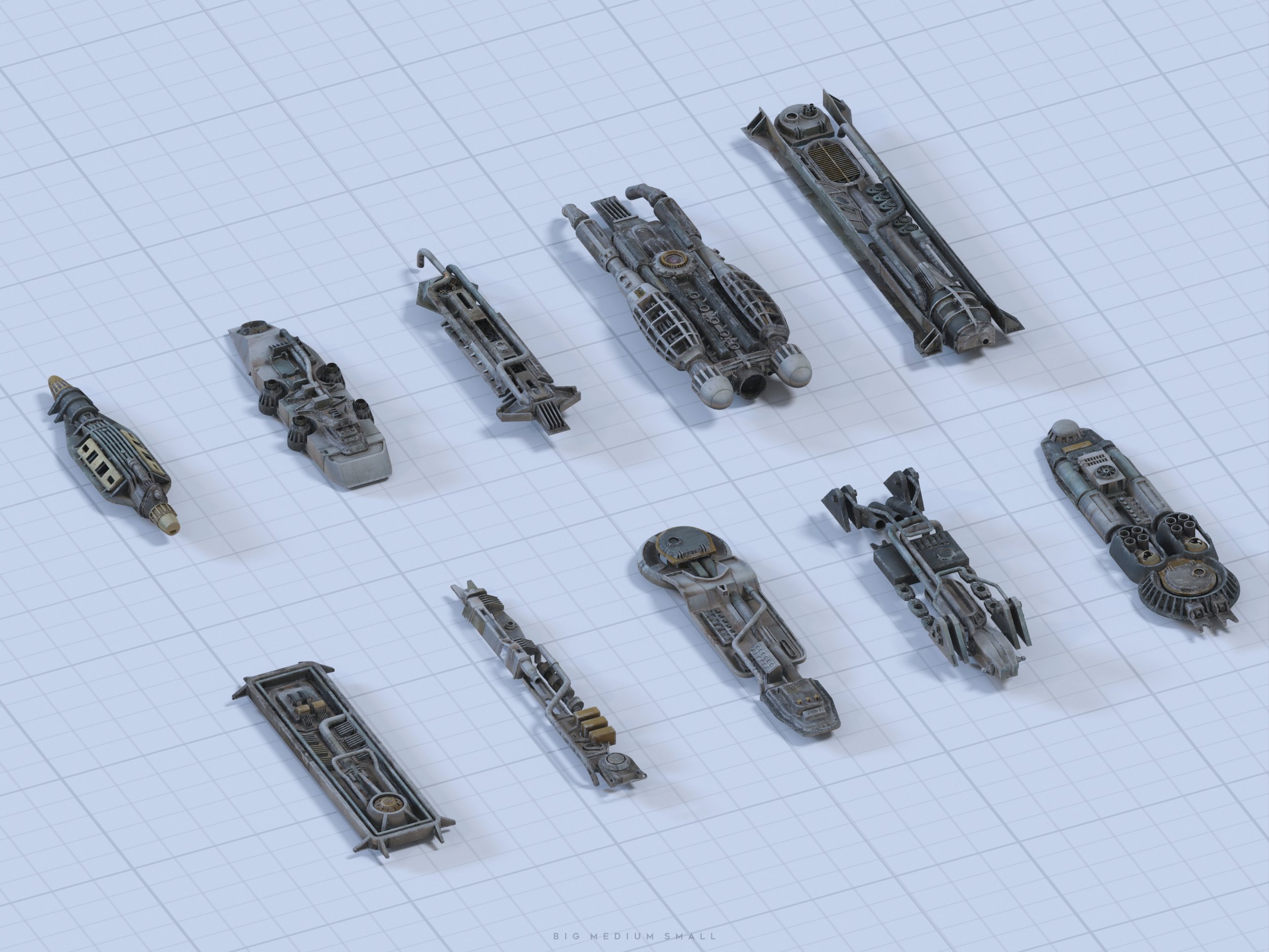 he image shows a collection of twelve miniature spaceship models arranged on a gridded surface.  the models vary in size and design, showcasing a variety of shapes and technological details. the overall aesthetic is futuristic and industrial, with a color palette dominated by muted grays and metallic tones.  the background is a simple grid, allowing the models to stand out clearly.  a small text label at the bottom reads "big medium small", indicating the size variation among the models.