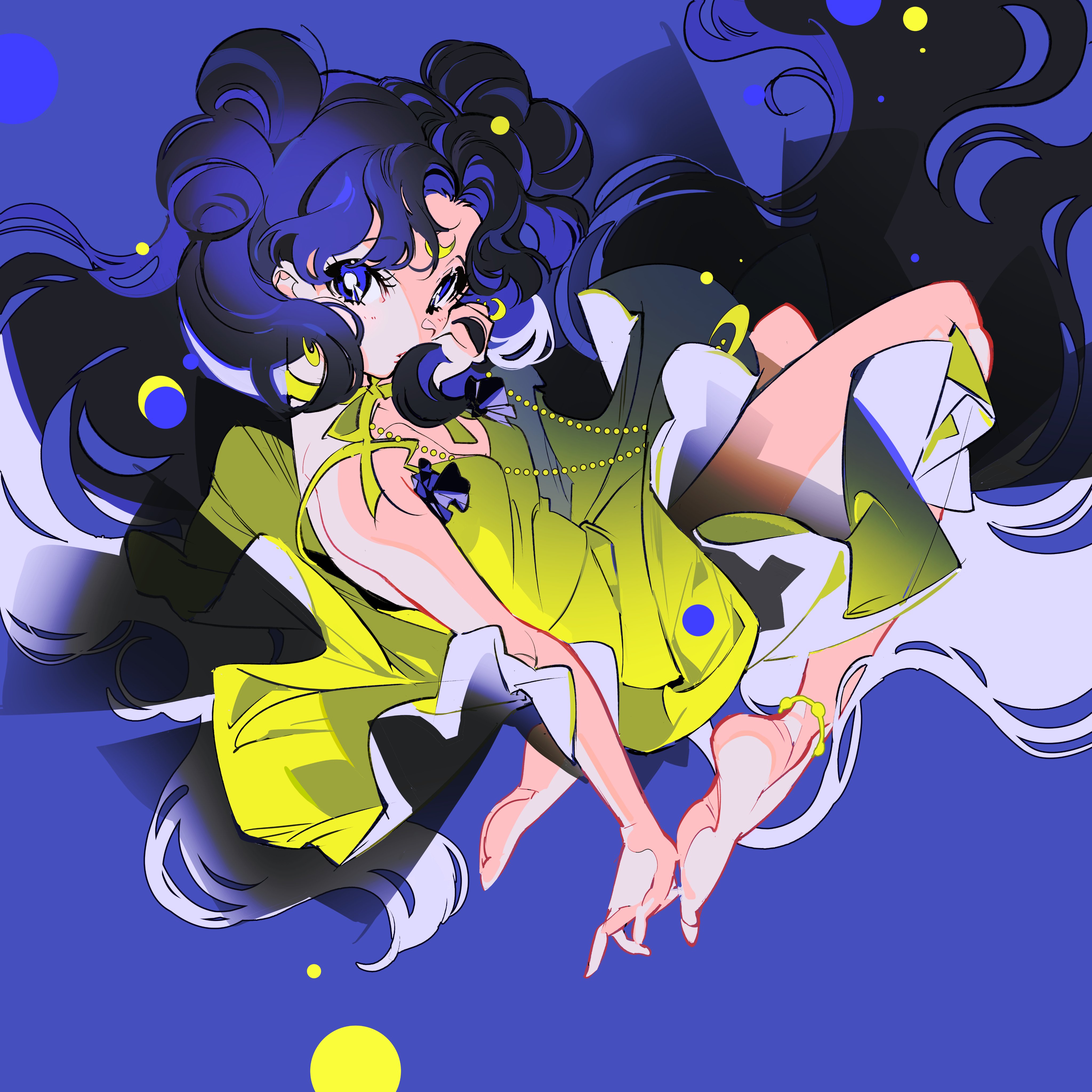 a digital illustration of a young anime woman with long blue hair, floating in the air against a blue background. she is wearing a yellow dress with white details and has a celestialinspired design with stars and moons.  the image has a magical and dreamy feel, highlighting the woman's youthful and ethereal presence.