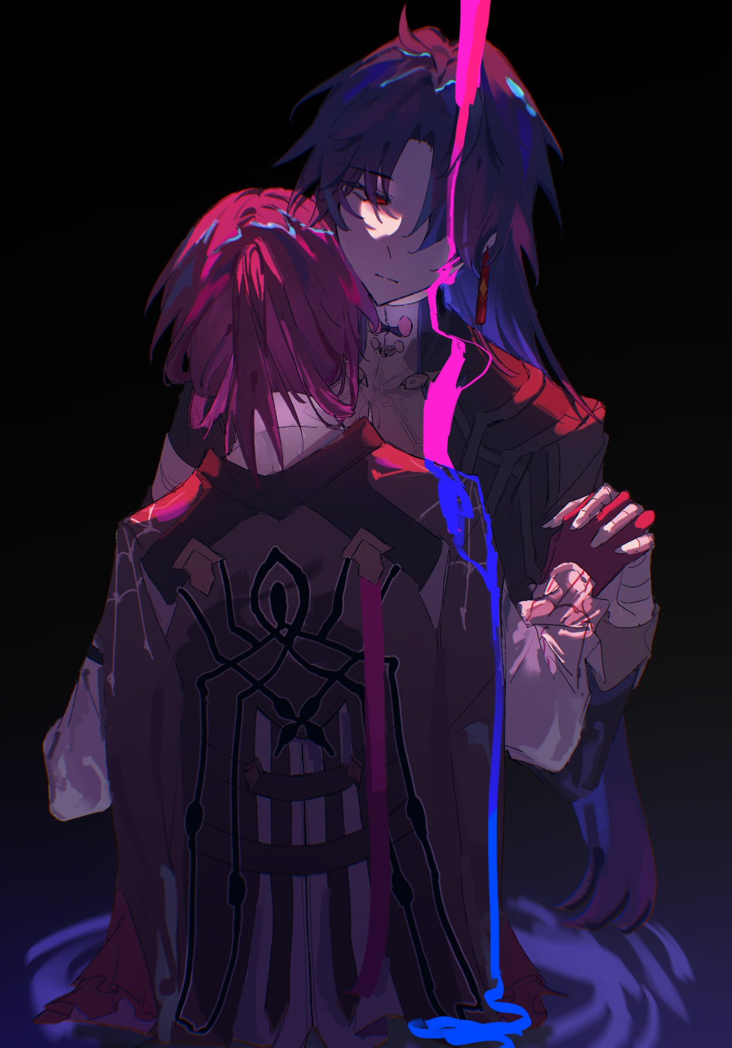 the image is an animestyle drawing of two characters. the first character is on the right side of the image. they have long, blue hair and a red and black outfit. the second character is on the left side of the image. they have short, pink hair and a purple and black outfit. they are holding hands, and they are surrounded by a dark, swirling background. they have a romantic air, and the image suggests a dark and mysterious story.