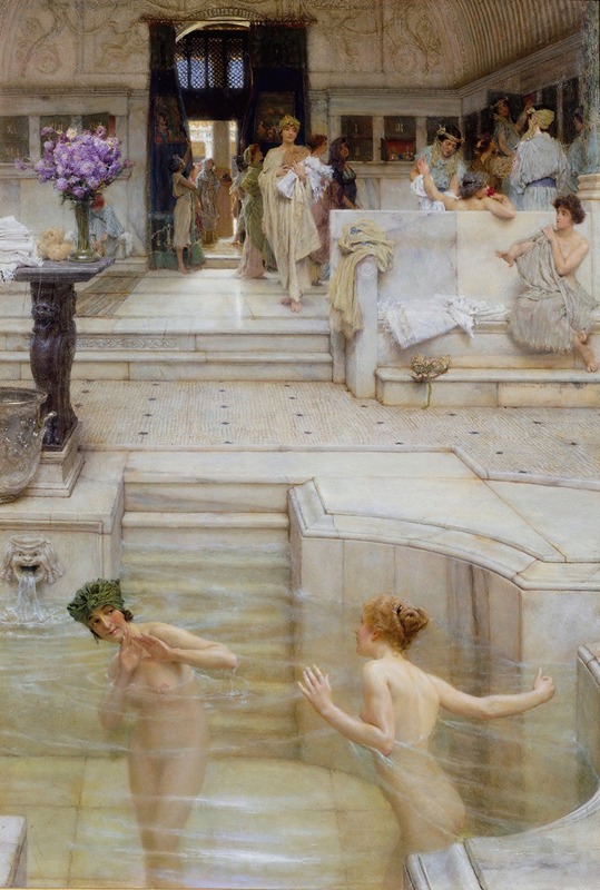 the image is a painting depicting a roman bath scene. it features a large, ornate interior with marble architecture, steps, and a pool where several women are bathing. other women are seen walking and socializing around the pool. the scene is filled with detailed elements such as flowers, decorative garments, and architectural features like fountains and statues. the use of light and shadow adds depth to the image, creating a sense of realism and highlighting various focal points within the composition. the overall style evokes a sense of classical leisure and social interaction in an ancient roman setting.