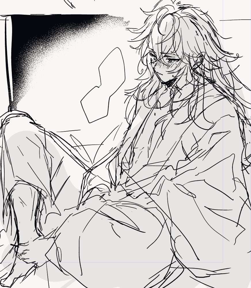 a drawing of a manga character. the character is a girl with long hair, sitting with her legs crossed, looking down. the drawing is in black and white and has a sketchy, unfinished style. the character looks sad and thoughtful.