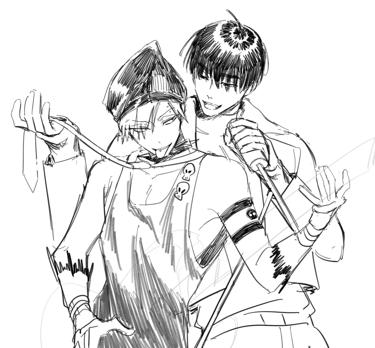this is a black and white drawing of two anime characters, both are male. the one on the left is wearing a hat and a longsleeved shirt and holding a sword, the one on the right has short black hair and is holding the sword's hilt. they are facing each other and seem to be enjoying each other's company. they appear to be friends.  the drawing is done in a sketchy style with loose lines and shading.