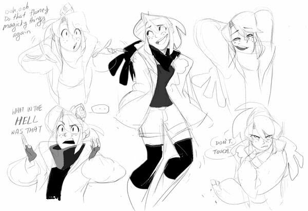 this is a black and white sketch of four anime girls with different expressions and poses. they are dressed in various clothing with a few having hair bows. they are all looking in different directions. the one on the bottom left is shocked and has a thought bubble with the text "what in the hell was that" written in it. the girl on the top left is smiling and looks excited with a thought bubble with the text "ooh ooh do that flamey magicky thingy again" written in it. the girl on the top right is smiling with her arms up and a thought bubble with the text "don't touch" in it. the girl on the bottom right looks angry and like she doesn't want to be touched. the art style of the sketch is rough and unfinished.