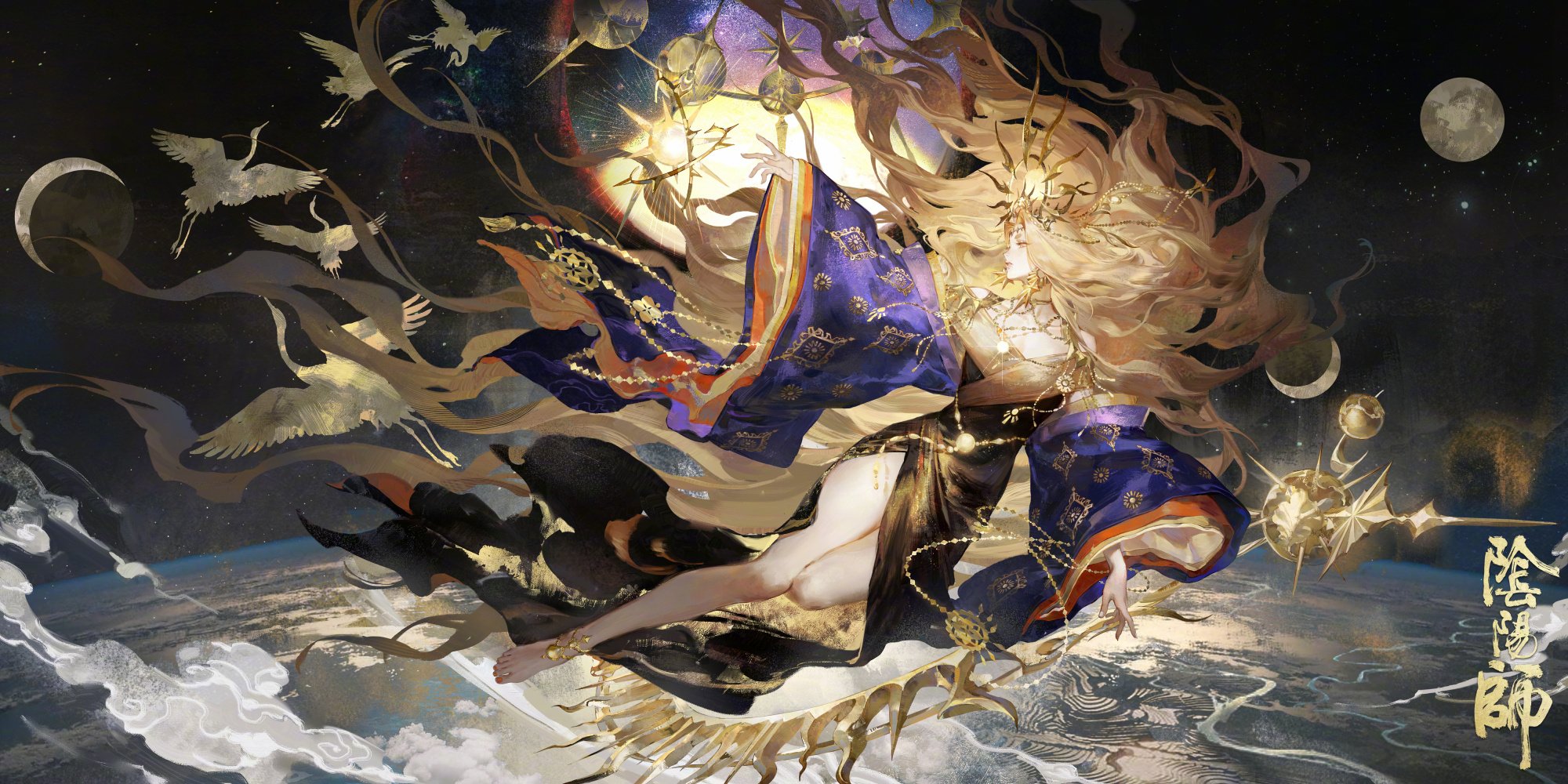 a woman with long, flowing blonde hair and a celestial attire floats gracefully against a backdrop of space. she is adorned in a flowing blue and gold robe, her body positioned gracefully as if reclining on a crescent moon. surrounding her are celestial bodies – the sun, a full moon, and distant stars. a flock of white cranes adds to the ethereal atmosphere, flying in formation around her. the earth, partially visible below, emphasizes the cosmic scale of the scene.