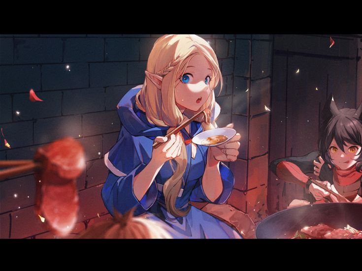 the image is an animestyle illustration depicting two girls in a dimly lit setting. one girl, with long blonde hair and elflike ears, is dressed in a blue dress and is eating from a small bowl with chopsticks. she looks surprised or excited. beside her, another girl with dark hair and catlike ears is cooking meat in a large wok over a fire. the scene is cozy and warm, suggesting a friendly gathering or shared meal. the background is a dark brick wall, and the overall color palette is muted and rich with warm tones. the art style is painterly and detailed, with a focus on soft lighting and expressive character design.