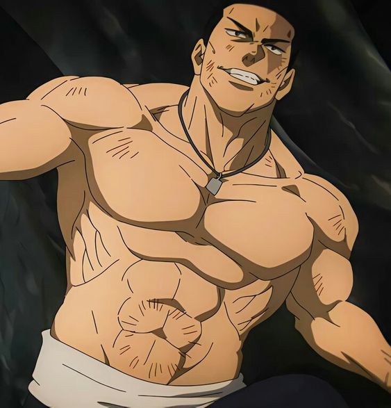 the image shows a muscular anime man from the chest up. he has short black hair and a determined grin. his bare chest is heavily scarred, suggesting a history of battles and hardship. the lighting is dramatic, emphasizing his physique and the shadows cast by his muscles. the overall impression is one of strength, resilience, and a hint of menace. the background is dark and indistinct, focusing attention on the figure.