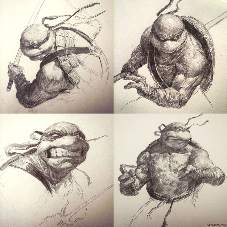 this image shows 4 sketches of the teenage mutant ninja turtles.  each drawing is of a different turtle, with the sketches being of various angles and poses. the drawings are all in black and white and look to be done in pencil on paper.