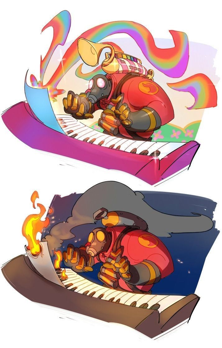 the image shows a split digital artwork featuring a stylized version of the heavy weapons guy from team fortress 2. the top panel depicts the heavy joyfully playing a keyboard, emitting a rainbowcolored musical stream. the scene is bright and cheerful.  the bottom panel shows a contrasting scene where the heavy is playing the same keyboard, but the sheet music is on fire, with a dark and slightly smoky background. the stylistic differences between the two panels highlight the contrast between joyful and disastrous musical outcomes. both scenes are rendered in a cartoonish, expressive style characteristic of fanart.