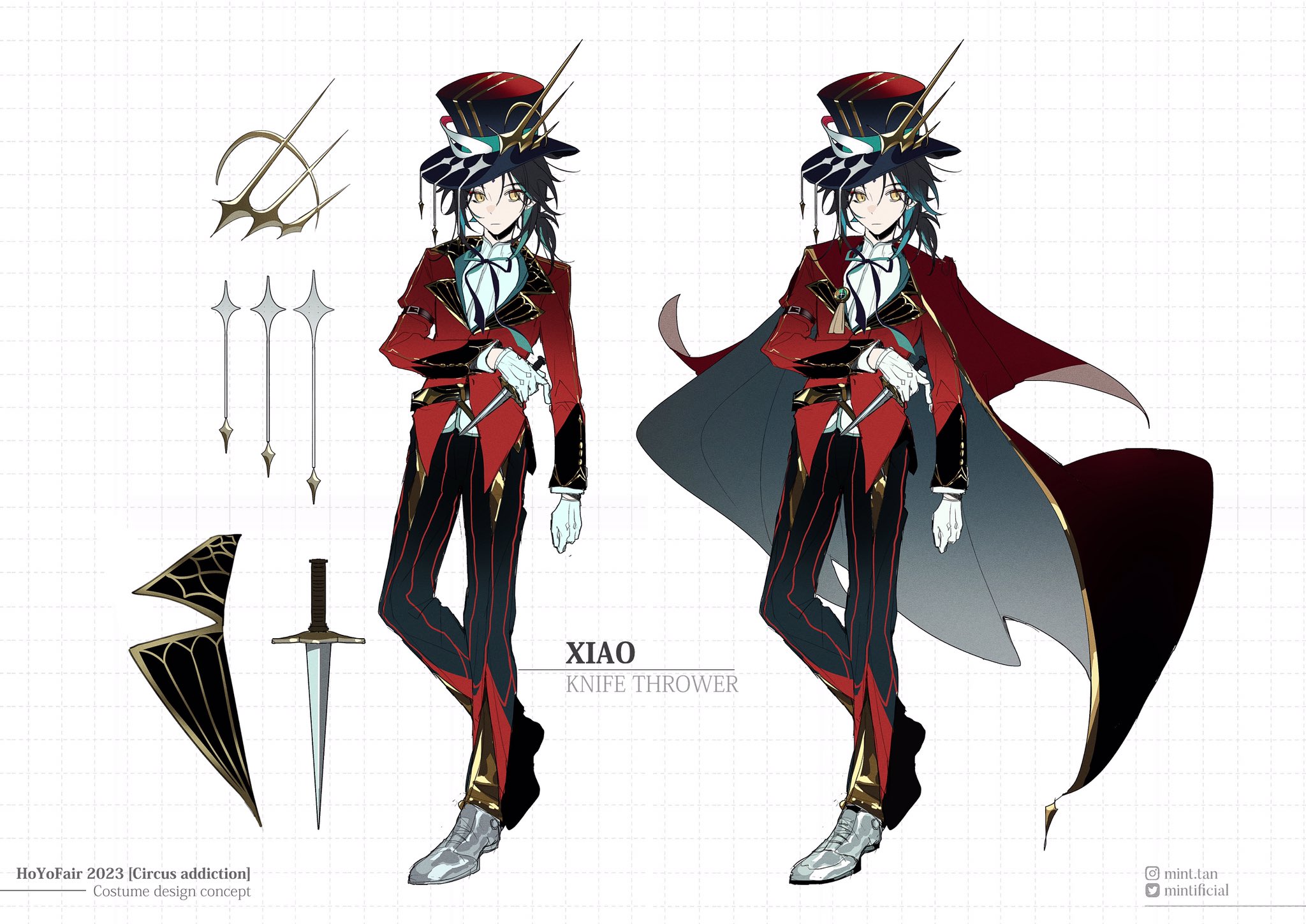a digital illustration of xiao from genshin impact, dressed in a red and black costume with a gold accent.  the costume includes a cape, a hat, and a sword. it is inspired by the circus theme, with a detailed and colorful design.  the illustration is styled after an anime and manga art style and has a vibrant and dynamic feel.  the caption is written in the style of a fan art piece, highlighting the "circus addiction" theme for the hoyofair 2023 event. the artist's information is also included, with the names "mint.tan" and "mintificial".
