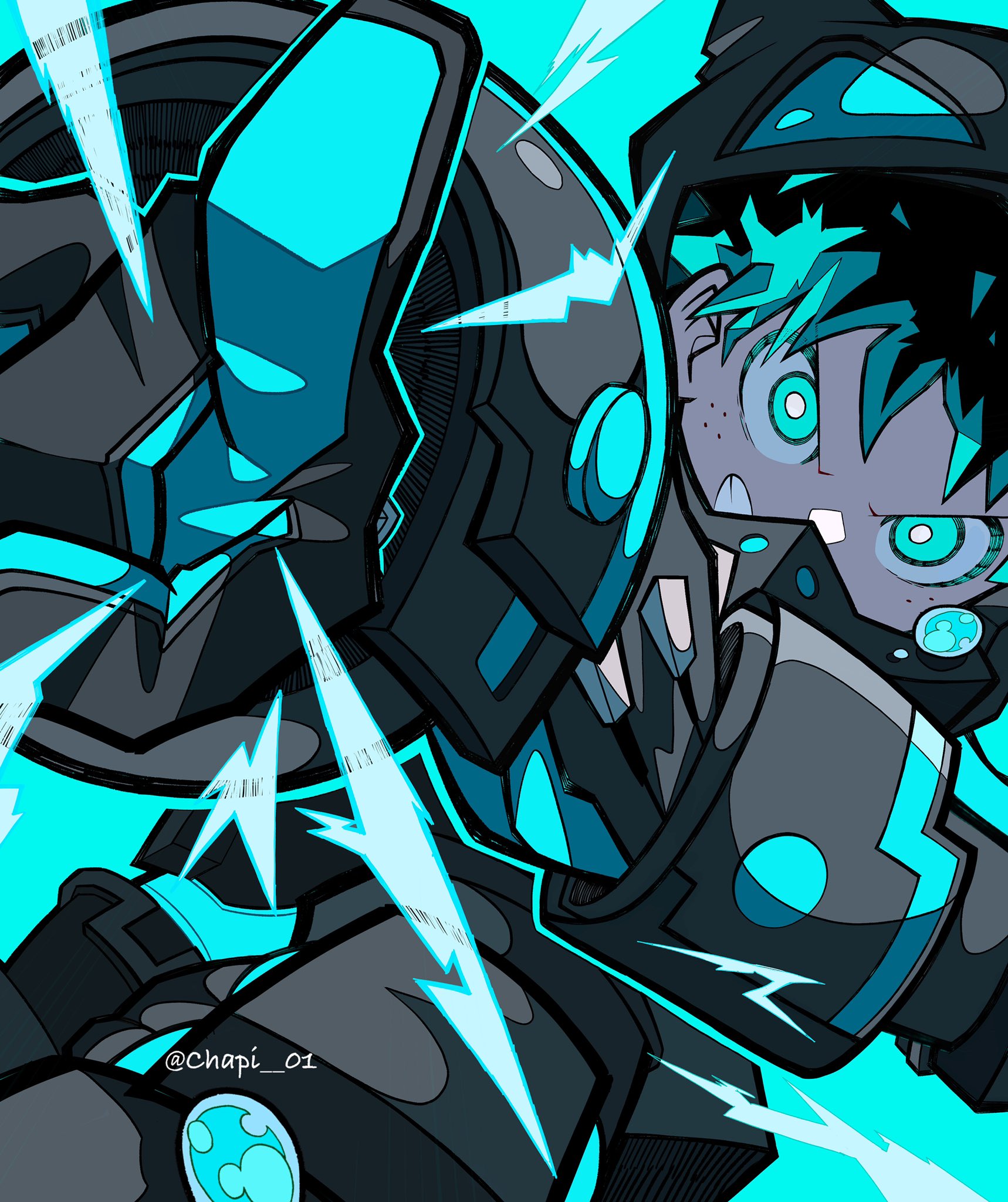 the image is a digital art piece of a young man with green hair in a futuristic, cyborglike suit. he's wearing a black and blue suit with a helmet on his head and he has a serious expression on his face. he appears to be in the middle of a battle or fight, as he is surrounded by electrical sparks and streaks of lightning. the image is drawn in a dynamic and actionpacked style.
