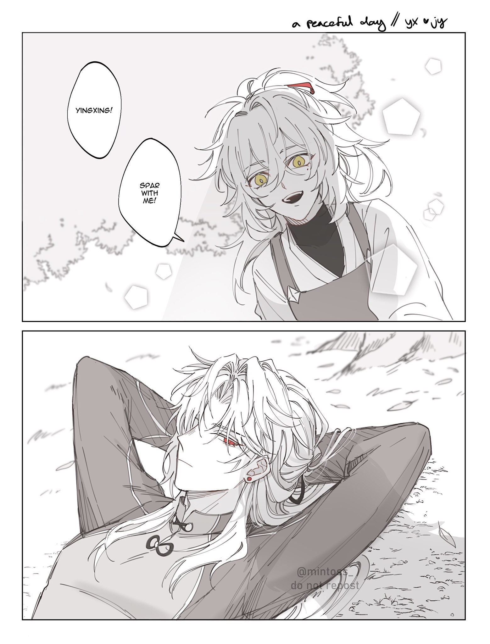 this image is from an anime or manga, and features two male characters. the character on the top of the image is looking at the bottom character with a smile. he's holding a sword. the character on the bottom of the image is relaxing while smiling. they are both in a peaceful outdoor setting.