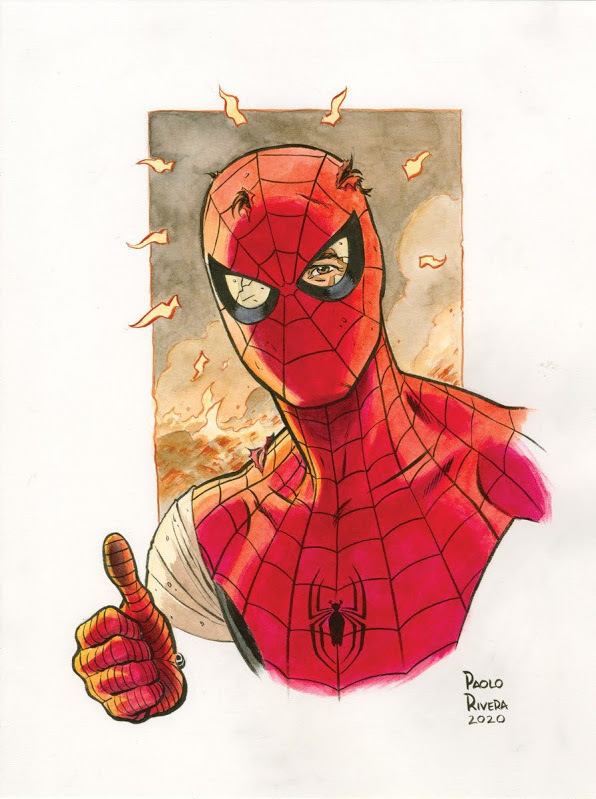 a handdrawn illustration of spiderman giving a thumbs up. the illustration is done in a comic book style with bright colors and bold lines. spiderman is drawn in his classic red and blue costume, with his mask on and his web shooters visible. he is standing in front of a background of fire and smoke, suggesting that he is in the middle of a battle. the image is full of energy and excitement. the overall style of the image is comic bookinspired, with exaggerated features and bold colors.