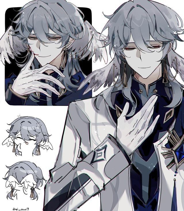 the image is a digital fanart featuring scaramouche (wanderer) from genshin impact.  the artwork showcases him in several styles. a main, detailed portrait shows him in a formal white outfit with blue accents, wearing long silver hair adorned with small wings and earrings.  he's depicted with a subtle, almost serene expression, his hands elegantly positioned near his neck. smaller, chibistyle versions of scaramouche with different expressions are included in the piece, adding variety. the overall art style is sleek and refined, with attention to detail in the clothing and character's features. the background is plain white, emphasizing the character design.