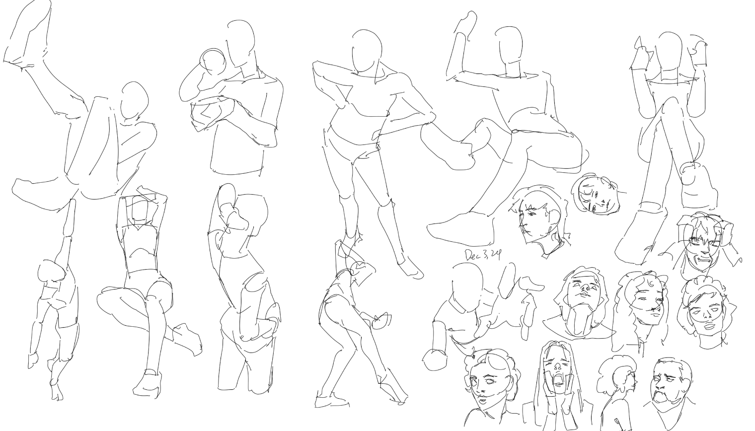 this image contains a collection of quick sketches of various human figures in a variety of poses and expressions. the style is minimalist, using primarily thin, continuous lines to capture the essence of each figure's movement and form. there is a mix of full body figures and closeups of heads and faces. the sketches are unrefined and convey a sense of spontaneity and energy.  the date "dec 3, 24" is visible on the page, suggesting the date of creation.