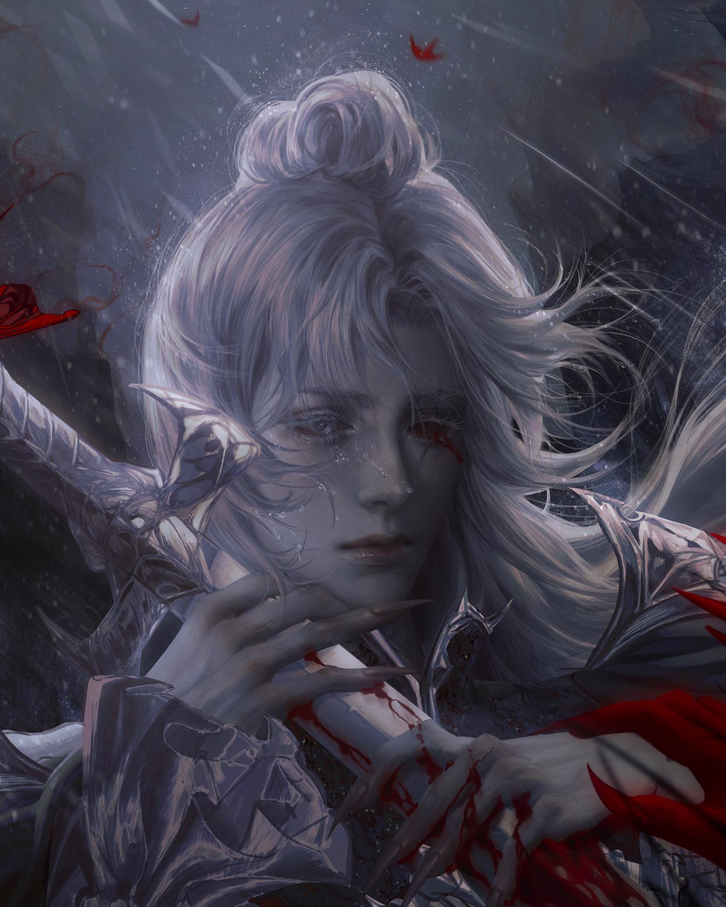 the image depicts a closeup portrait of a male elf warrior amidst a snowy battlefield. he has pale skin, long white hair tied back, and piercing blue eyes marked with a single streak of blood. his expression is somber and sorrowful. he wears ornate silver armor and clutches a bloodsoaked sword. scattered red petals and falling snow create a stark contrast against the cold, gray background. the overall mood is one of tragedy and loss.