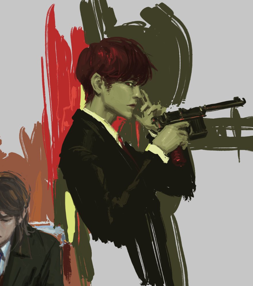 an artistic rendering of a man in a suit holding a gun. the style is painterly, with visible brushstrokes and a slightly unfinished feel. the man is depicted in a suit and tie with red hair. the background is a mix of colored brushstrokes in red, green, and neutral tones. another man is visible in the lower left corner, wearing a suit. the overall impression is that of a portrait or character illustration with a stylized and slightly rough aesthetic.