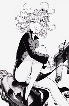 a black and white drawing of tatsumaki, also known as tornado of terror, from the anime one punch man. she's sitting on a rock, her legs crossed. her signature green dress is depicted in shades of gray, and her hair is wild and flowing. her intense eyes stare directly at the viewer. the style is typical of manga, with sharp lines and dramatic shading.