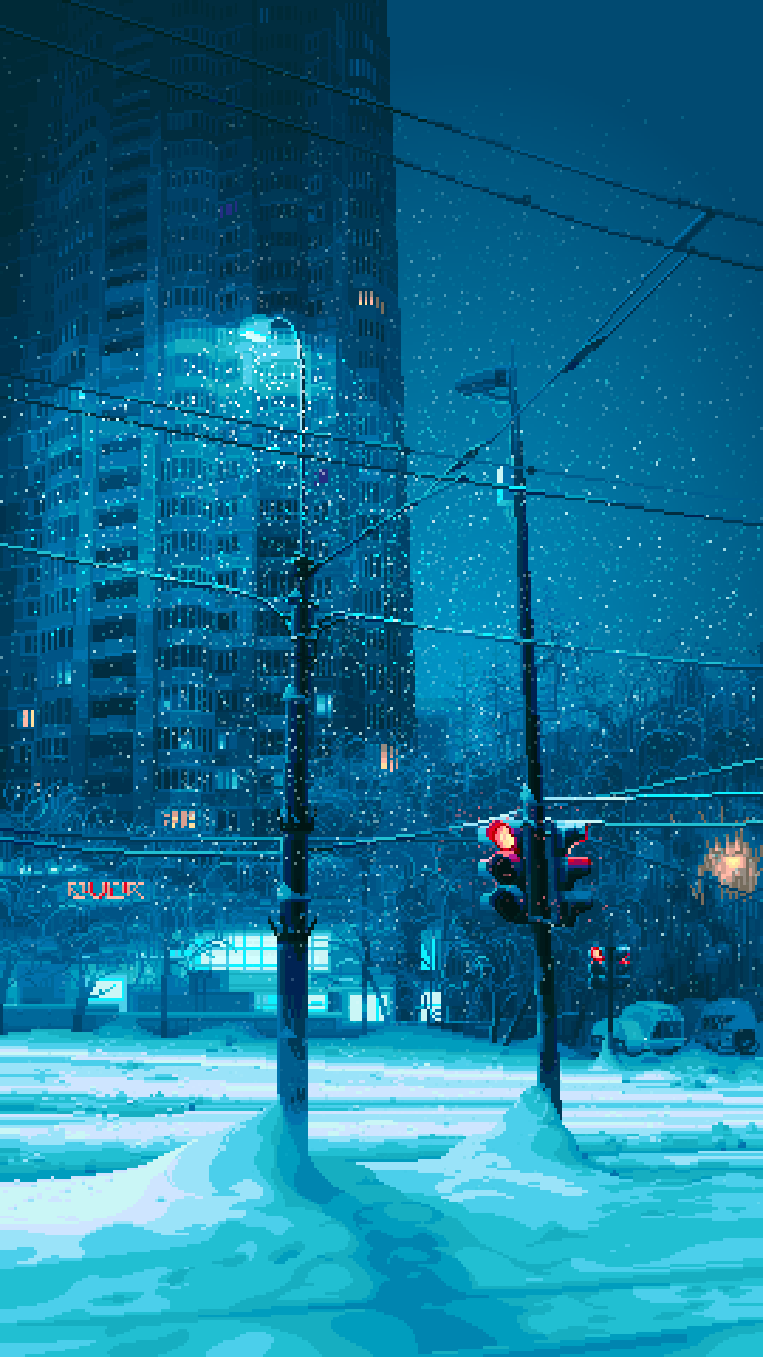 the image is a pixel art illustration depicting a snowy city street at night. a tall, dark blue apartment building dominates the background. the foreground features a snowy street with streetlights and power lines draped across. a traffic light with red lights illuminates the scene. the overall color scheme is a cool palette of blues and teals, enhancing the winter atmosphere.  the pixelated style gives the illustration a retro video game aesthetic.  snow is gently falling.