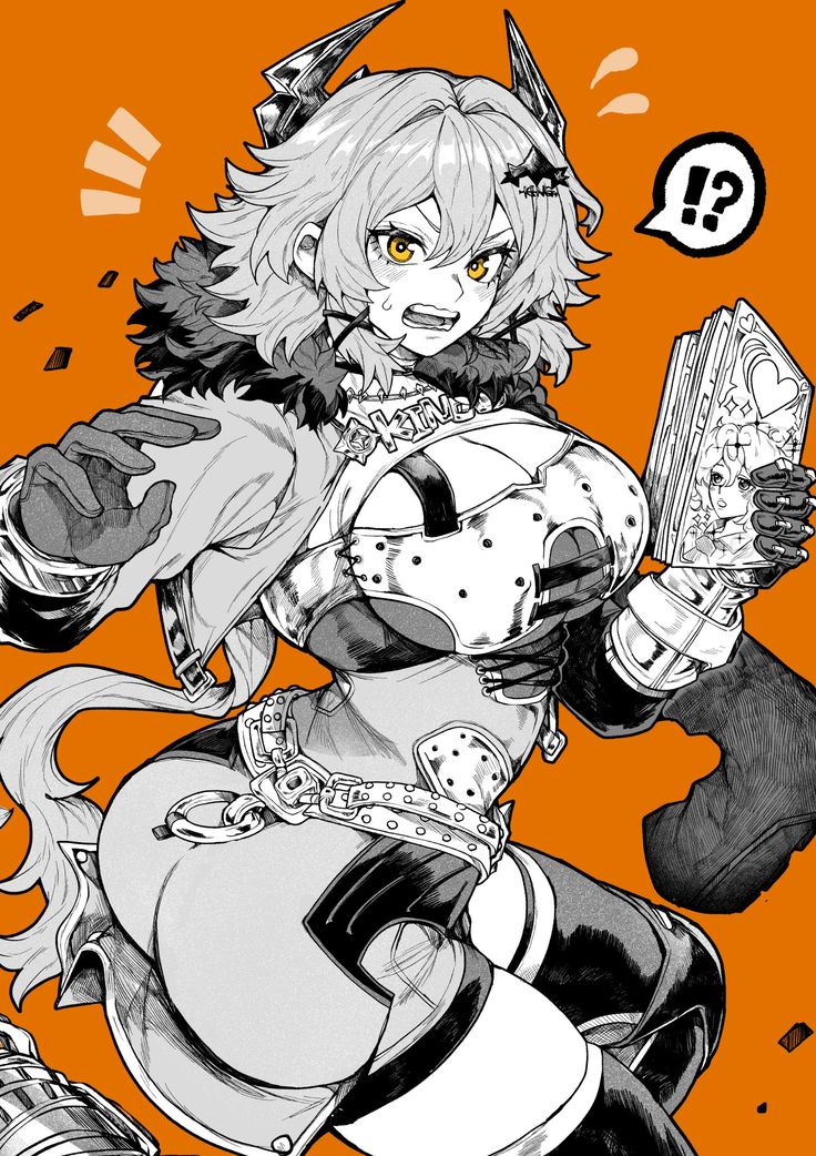 the image is a dynamic illustration of an anime/mangastyle female character. she has short, spiky blonde hair with dark horns, and she is wearing armor and a revealing outfit. she looks surprised, with a wideeyed expression, and she is holding a book. the overall style is sketchy, and the background is a solid orange. the character's pose is energetic and actionoriented.