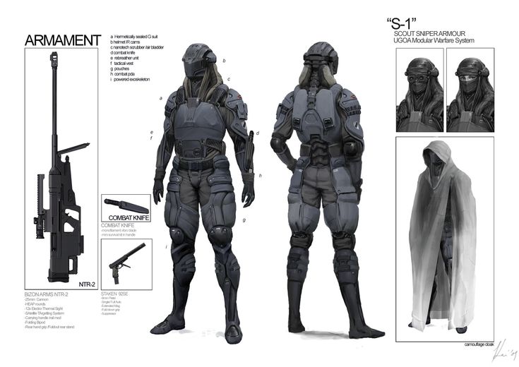 the image is a detailed concept art piece depicting a futuristic soldier, designated "s1 scout sniper armour," part of the ugqa modular warfare system.  the artwork presents a fullbody view of the soldier in two poses (front and back), showcasing a highly advanced, grey and black armored suit.  detailed closeups are provided showing various components of the armor, including helmet, exoskeleton, and tactical gear.  the soldier's armament is also illustrated:  a bizon arms ntr2 sniper rifle, a staken rose sidearm, and a combat knife.  additional elements show alternate headgear options and a camouflage cloak.  the art is meticulously rendered with attention to detail and technical specifications listed for the equipment.  the style is realistic and suggestive of a hightech, military context.
