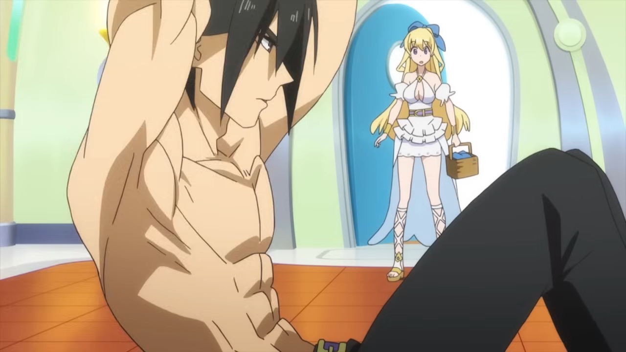 a muscular, shirtless, darkhaired anime man is doing situps on an orange and beige floor. he's wearing dark pants. he is facing the left side of the frame, with a neutral expression on his face. a blondehaired anime woman in a white and blue dress is entering the room from the left side of the frame. the background suggests a futuristic environment with smooth, white, and blue walls.