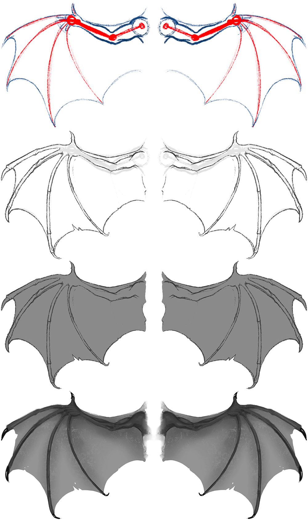 the image shows a stepbystep guide on how to draw a pair of demon/dragon wings.  it begins with a basic skeletal structure of the wing (red lines indicating bone structure and blue lines indicating muscle), then progresses through several stages of adding detail and shading. each stage is illustrated with a pair of wings, showing the evolution of the drawing from a simple outline to a more refined, shaded version. the final result is a pair of dark grey, realisticlooking wings with considerable texture and detail.  the overall style is a digital drawing or painting.