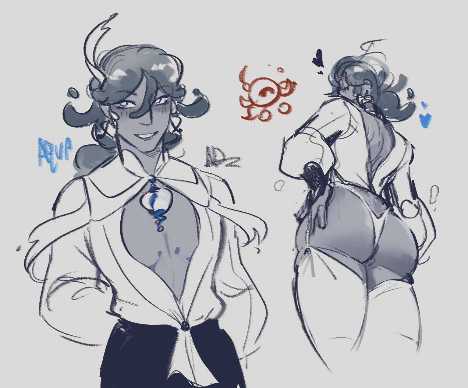 the image shows two sketches of a stylized, possibly animeinspired character, with a water theme implied by the "aqua" text and water dropletlike hair elements. the character is male, depicted in both a front and back view. the front view shows him with an open white shirt revealing his chest and dark shorts. the back view shows him in a similar outfit, with short shorts and a glimpse of his back. an abstract, possibly related design is also present near the back view of the character.