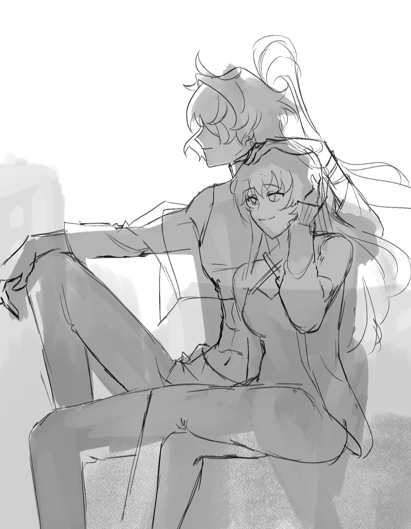 a sketch of a couple sitting together. the woman is on the left and the man is on the right. they are both looking at the same direction and are very close to each other. they are both wearing casual clothing. the woman is holding her hand on the man's shoulder. the sketch is done in a simple style with grayscale tones.