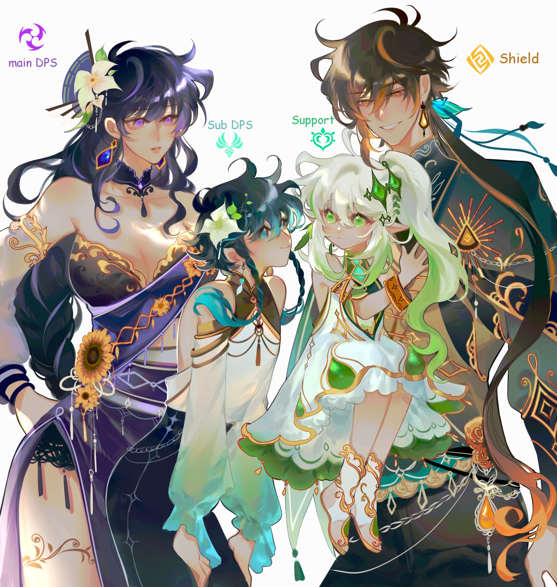 this is a digital fanart of four genshin impact characters.  the image showcases a group of elegantly dressed animestyled characters.  one female character is labeled "main dps" and is dressed in a dark purple and gold outfit. another female character is labeled "sub dps" in a lighter green and white dress. a smaller female character is labeled "support" and is wearing a white and green dress. a male character is labeled "shield" and wears a dark, ornate robe. each character is unique, with vibrant colors, intricate designs and varied hairstyles. they appear to be a cohesive team with diverse abilities, as indicated by their labels. the art style is highly detailed and polished, showcasing a blend of soft and bold colors. the overall composition creates a dynamic and visually engaging scene.