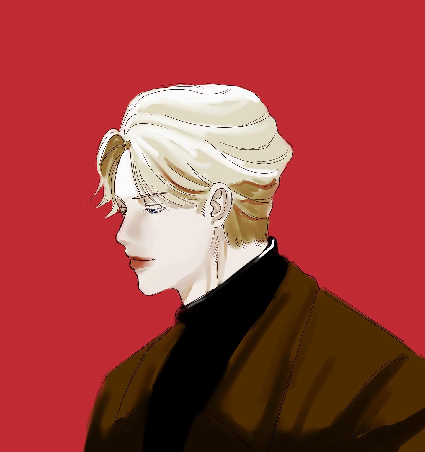 a digital illustration of a handsome man with blond hair, wearing a brown jacket and black turtleneck, looking down with a thoughtful expression. the background is a solid red color. the image is stylized, with a focus on the man's features and fashion.