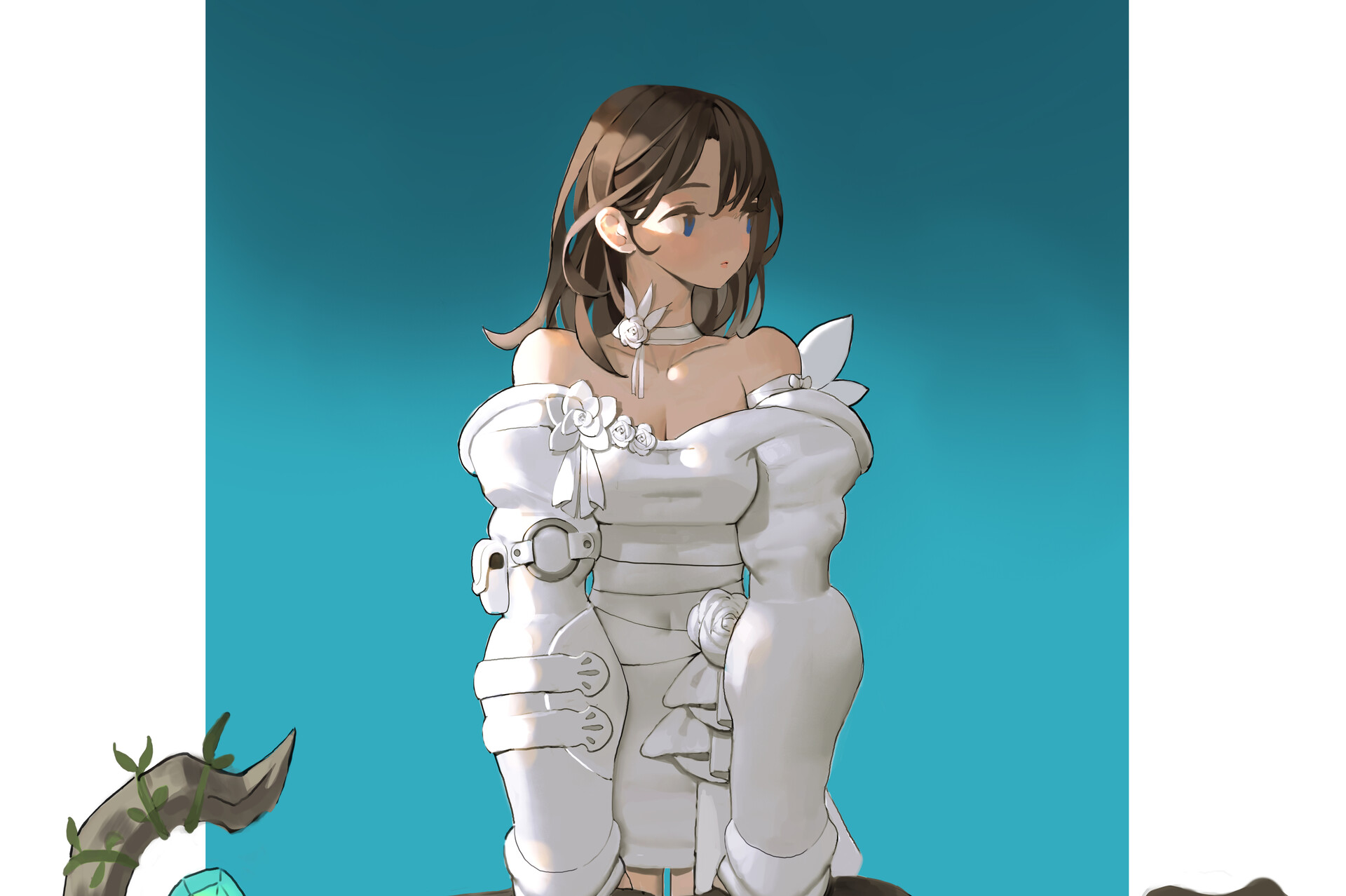 an animestyle illustration shows a girl in a white dress with a blue background. the girl has brunette hair and blue eyes, and is wearing a white dress with flowers on it and a choker with a flower design. the image has a fantasy feel due to the dress and the girl's appearance.