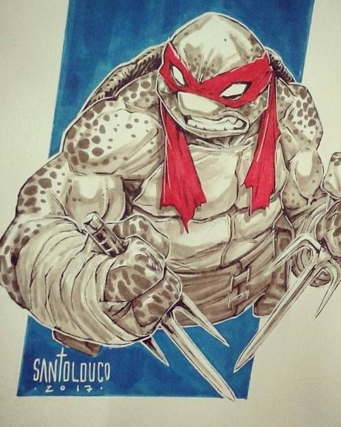 a black and white comic book drawing of a teenage mutant ninja turtle with a red mask. the turtle is drawn in an action pose with a sai in his hand. the background is blue with a white border. the words "santolouco 2017" are written in the bottom left corner of the image.
