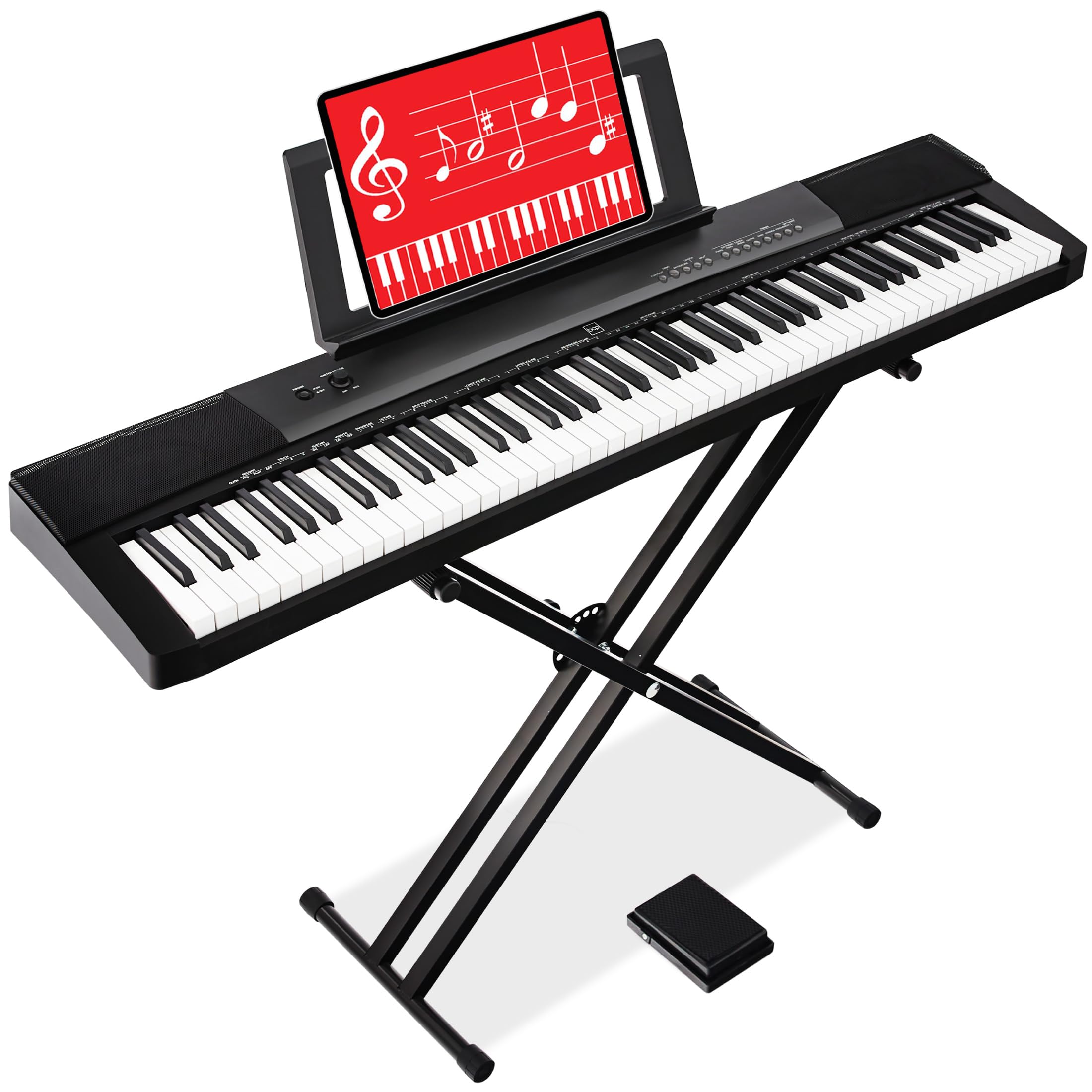 the image shows an electronic keyboard on a stand. the keyboard is black with white and black keys. a music stand is attached to the keyboard, and a tablet displaying sheet music is on the stand. a black keyboard stand is supporting the keyboard and a sustain pedal is on the floor.