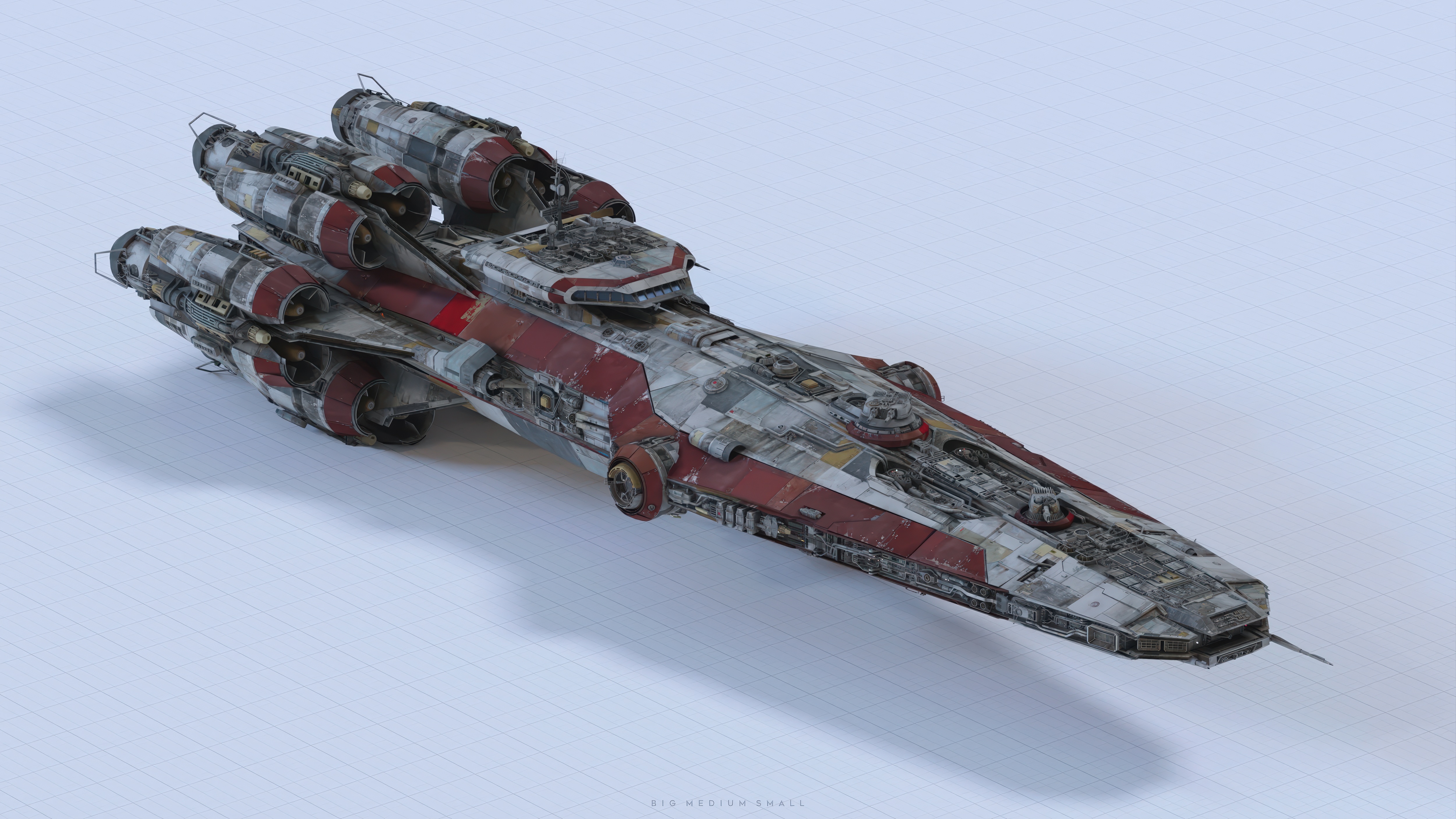 a detailed 3d render of a weathered, battleworn spaceship. the ship is long and slender with a prominent array of engines at the rear. it is predominantly red and white with grey accents, suggesting battle damage or wear. the design incorporates intricate details, including visible engine components and surface textures. the spaceship is presented against a clean, lightgrey background with subtle grid lines, suggesting a design or engineering workspace. the overall style is reminiscent of science fiction imagery. the text "big medium small" is faintly visible in the lower right corner.
