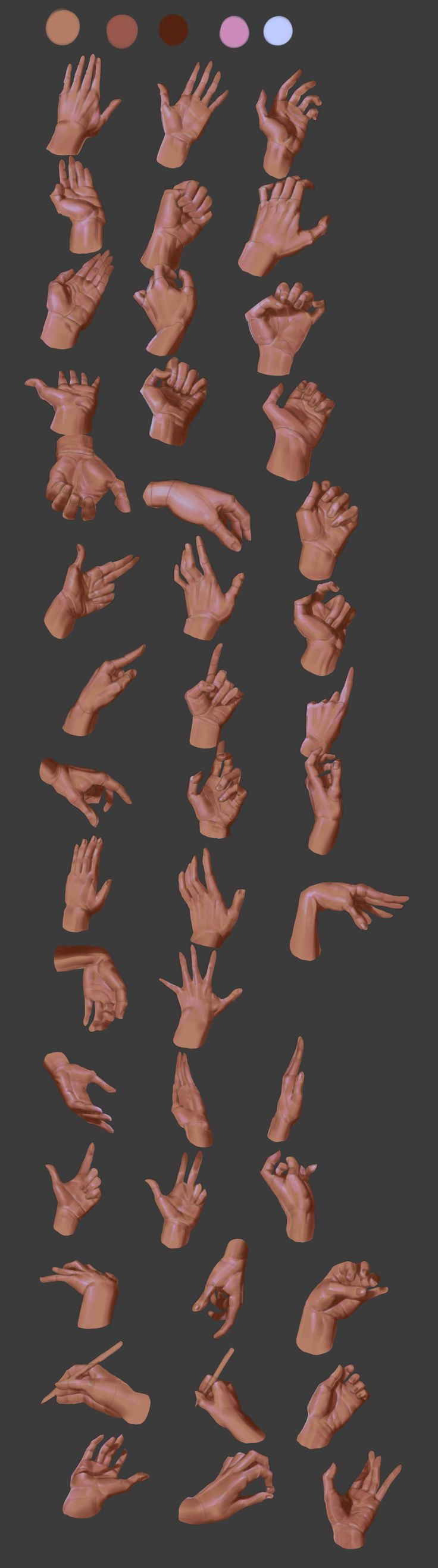 a vertical arrangement of 3d rendered hands in various poses. the hands are displayed in a range of skin tones, with six different options shown at the top. each hand demonstrates a distinct gesture, offering a comprehensive reference for artists.  the neutral gray background ensures focus remains on the hands and their details.