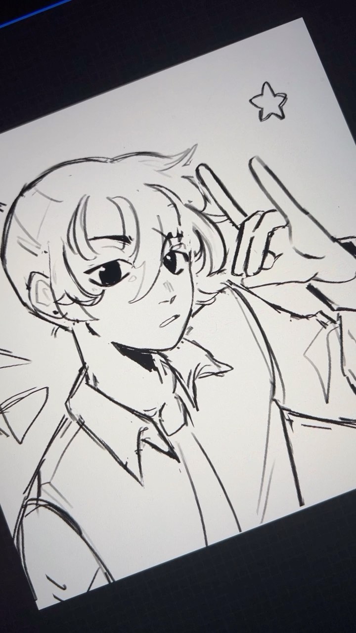 the image shows a black and white sketch of a young animestyle boy. he has short, slightly messy hair and is wearing a collared shirt. he's making a peace sign with his hand. there's a small star in the upper right corner of the drawing. the style is loose and expressive, typical of a quick sketch or concept art. the background is plain white.