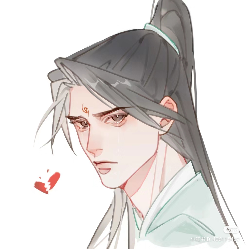 the image is a digital illustration of a young man with long black hair tied in a high ponytail. he has a streak of white hair framing his face and a red mark on his forehead. he's depicted with tears in his eyes and a heartbroken expression, emphasized by a small broken heart drawn next to his face. he wears a flowing green robe, typical of fantasy or historical chinese settings. the style is reminiscent of manhua or anime. the background is a simple offwhite, keeping the focus on the character's emotional state.